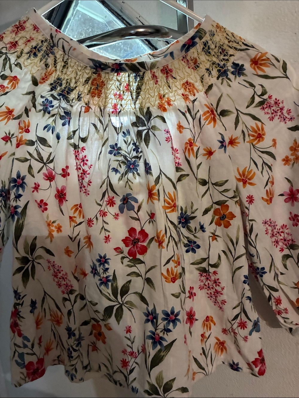 Old Navy White Floral Smocked Neck Blouse